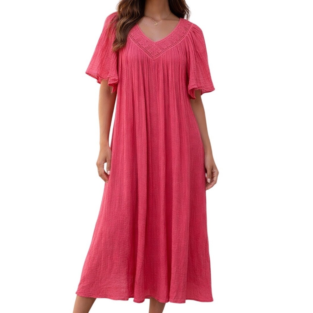 Vintage 70's Pink Cotton Gauze Crochet Flutter‎ Sleeve Dress Bohemian Grecian